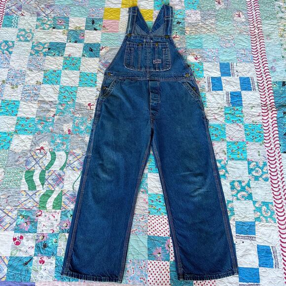 Vintage 80s Big Smith Dark Wash Sanforized Cotton Denim Overalls USA XS S - Picture 2 of 6